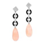 A PAIR OF CORAL, ONYX AND DIAMOND EARRINGS in 18ct white gold, each set with a polished piece of