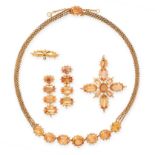AN ANTIQUE IMPERIAL TOPAZ NECKLACE, PENDANT, BROOCH AND EARRINGS SUITE, 19TH CENTURY in high carat