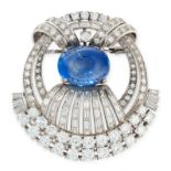 A BURMA NO HEAT SAPPHIRE AND DIAMOND BROOCH, CIRCA 1940 set with an oval cabochon blue sapphire of