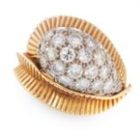 A VINTAGE DIAMOND DRESS RING, 1965 in 18ct yellow gold, the band formed of a reeded textured leaf,