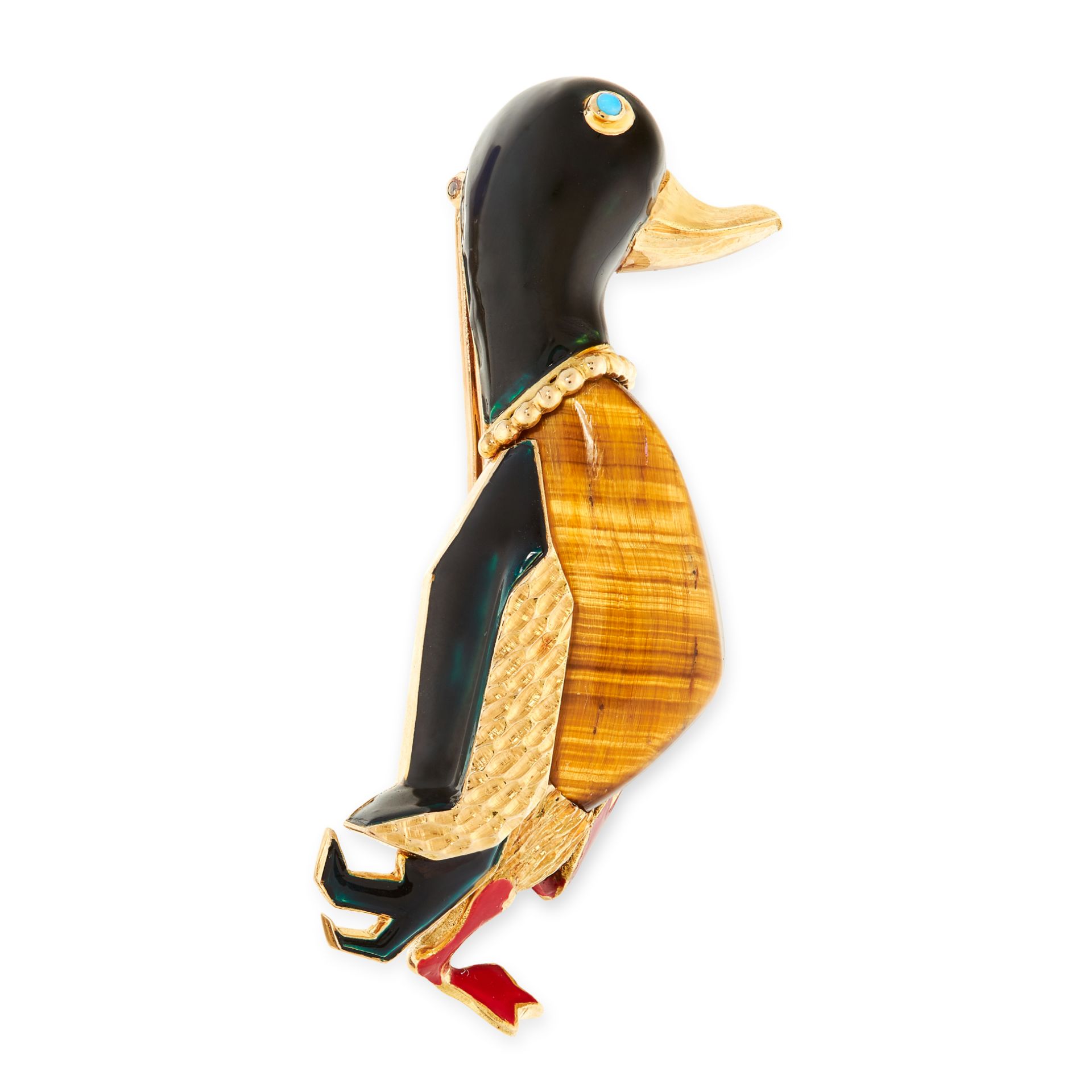 A VINTAGE TIGER'S EYE, TURQUOISE AND ENAMEL DUCK BROOCH, CARTIER in 18ct yellow gold, designed as