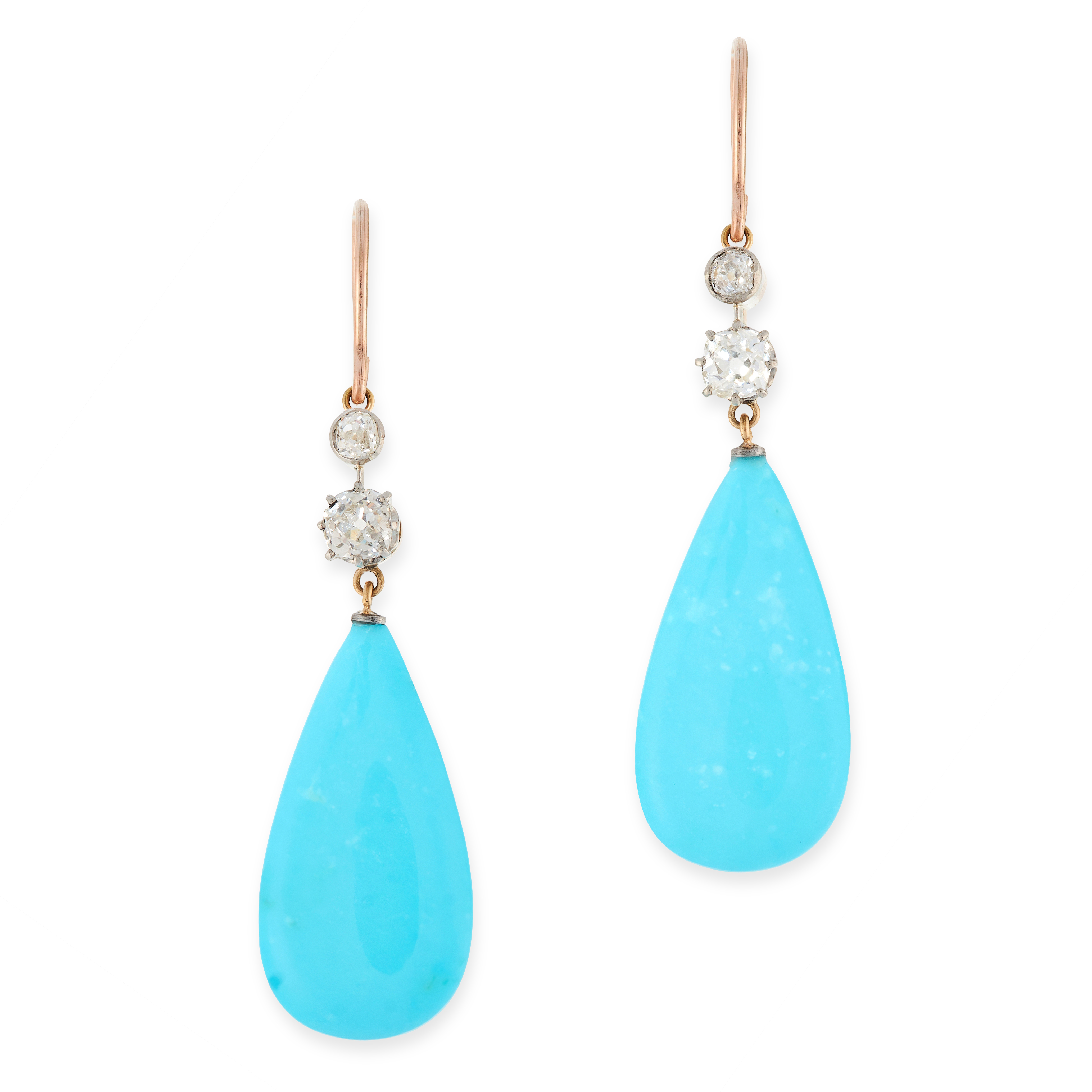 A PAIR OF ANTIQUE TURQUOISE AND DIAMOND EARRINGS in high carat yellow gold, each set with a polished