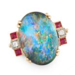 A BLACK OPAL, DIAMOND AND RUBY DRESS RING in high carat yellow gold, set with an oval cabochon black