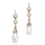 A PAIR OF ANTIQUE NATURAL PEARL AND DIAMOND EARRINGS in yellow gold and silver, each set with a drop