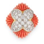 A VINTAGE CORAL AND DIAMOND RING in 18ct yellow gold, the face set with a central quatrefoil motif