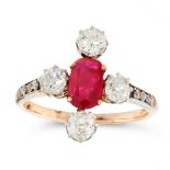 A RUBY AND DIAMOND DRESS RING, EARLY 20TH CENTURY in yellow gold, set with a central cushion cut