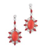 A PAIR OF ART DECO CORAL AND DIAMOND EARRINGS in platinum, each set with an oval cabochon coral,