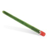 AN ANTIQUE NEPHRITE, ENAMEL AND DIAMOND PAPER KNIFE / LETTER OPENER in silver, the tapering polished