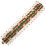 AN IMPORTANT EMERALD, RUBY, DIAMOND AND PEARL BRACELET, VAN CLEEF & ARPELS in 18ct yellow gold,