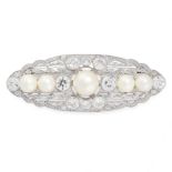 A PEARL AND DIAMOND BROOCH, EARLY 20TH CENTURY the oval body set with five graduated pearls