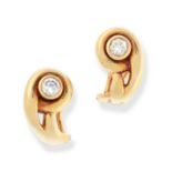 A PAIR OF DIAMOND EARRINGS, CARTIER in 18ct yellow gold, each set with a round cut diamond, the