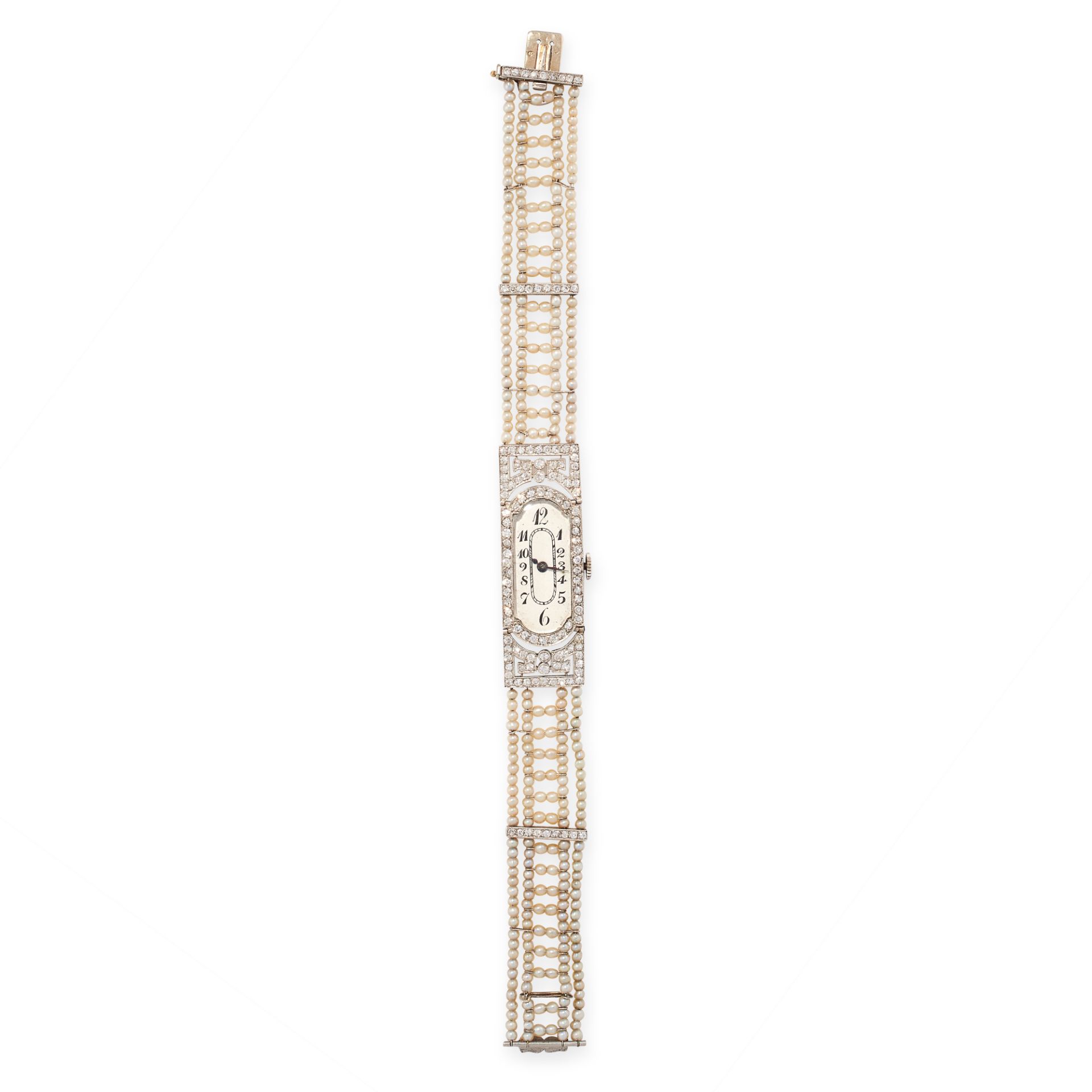 AN ART DECO PEARL AND DIAMOND COCKTAIL WATCH, EARLY 20TH CENTURY in platinum the stylised dial