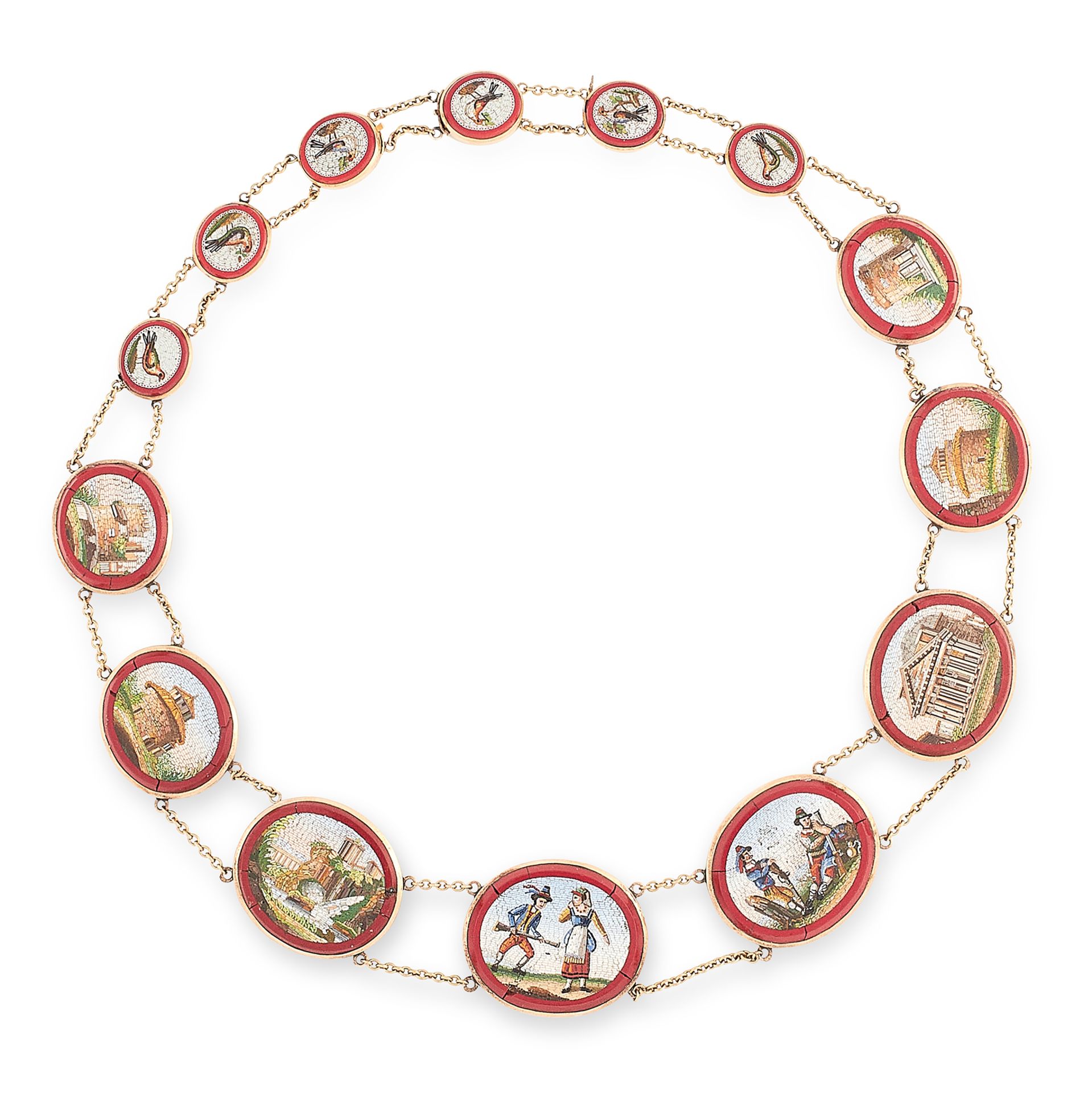 AN ANTIQUE MICROMOSAIC RIVIERE NECKLACE, 19TH CENTURY in yellow gold, comprising a row of fourteen