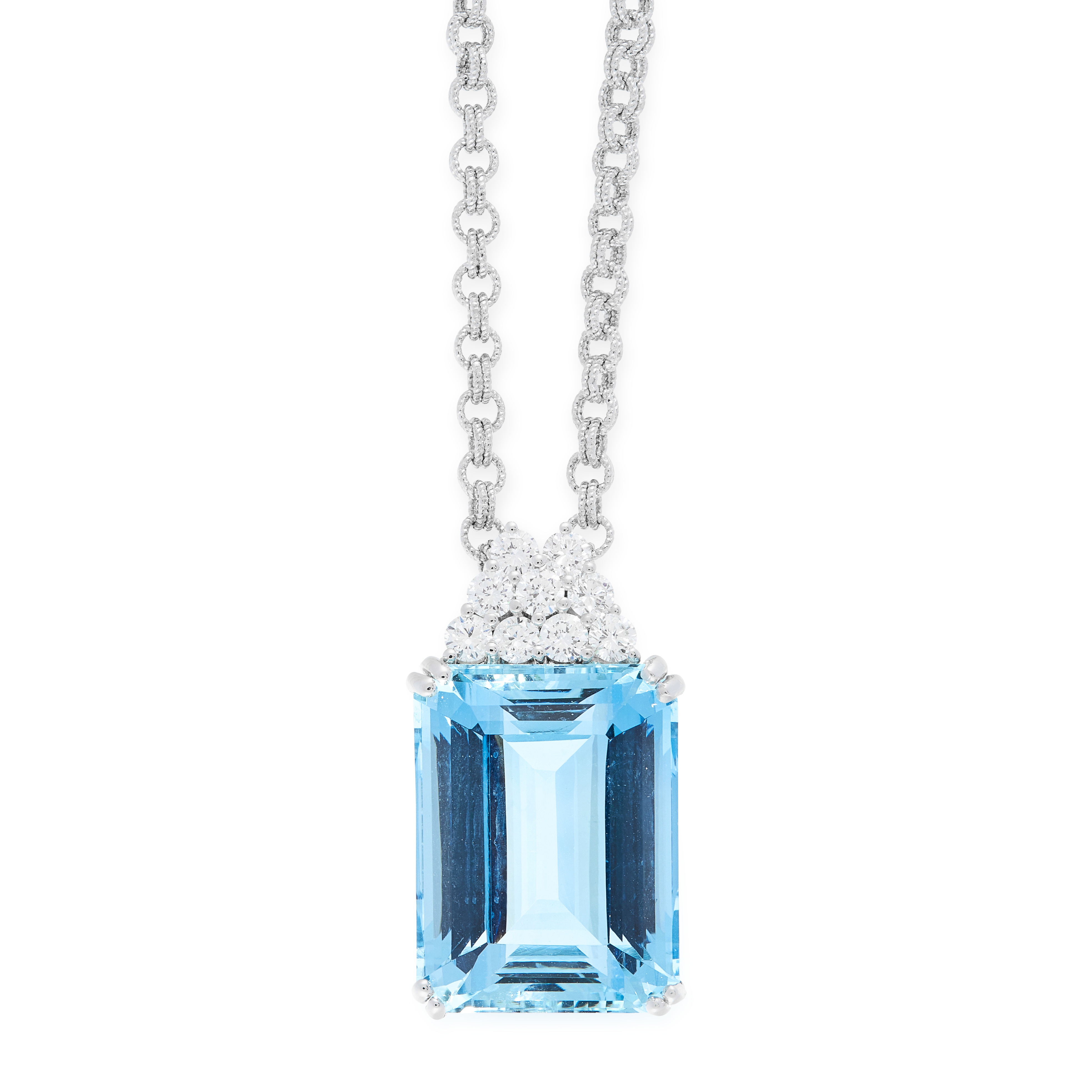 AN AQUAMARINE AND DIAMOND PENDANT AND CHAIN in 18ct white gold, set with an emerald cut aquamarine