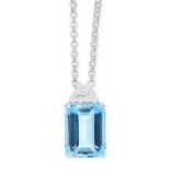 AN AQUAMARINE AND DIAMOND PENDANT AND CHAIN in 18ct white gold, set with an emerald cut aquamarine