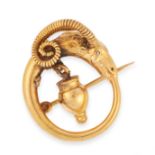 AN ANTIQUE RAM BROOCH, CASTELLANI CIRCA 1870 in high carat yellow gold, of circular form, designed