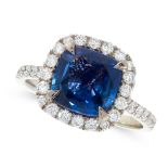 AN UNHEATED COLOUR CHANGE SAPPHIRE AND DIAMOND RING in 18ct white gold, set with a cushion cut