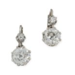 A PAIR OF DIAMOND DROP EARRINGS in 18ct white gold and platinum, each set with an old cut diamond of