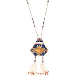 AN ANTIQUE EYGPTIAN REVIVAL CITRINE, ENAMEL, LAPIS LAZULI AND PEARL NECKLACE, EARLY 20TH CENTURY