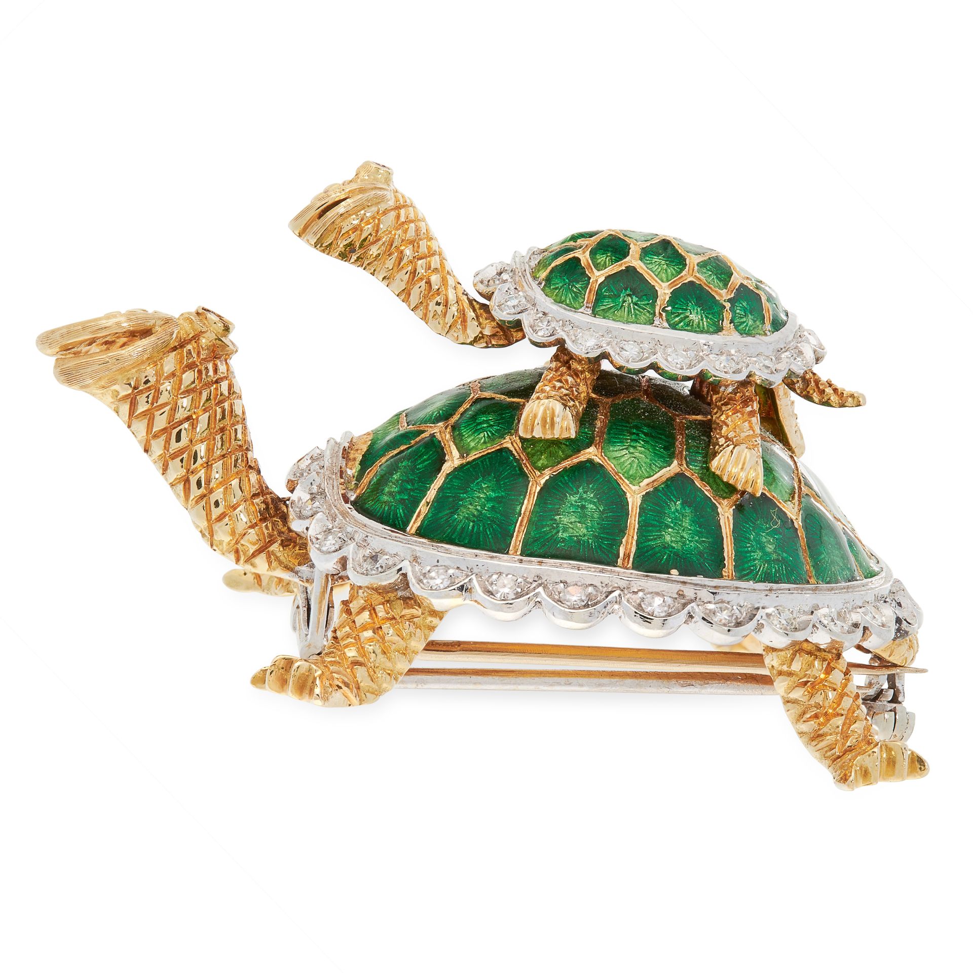 A VINTAGE DIAMOND, RUBY AND ENAMEL TORTOISE BROOCH in 18ct yellow and white gold, designed as a