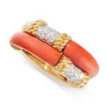 A VINTAGE CORAL AND DIAMOND DRESS RING, KUTCHINSKY 1977 in 18ct yellow gold, formed of two tubular