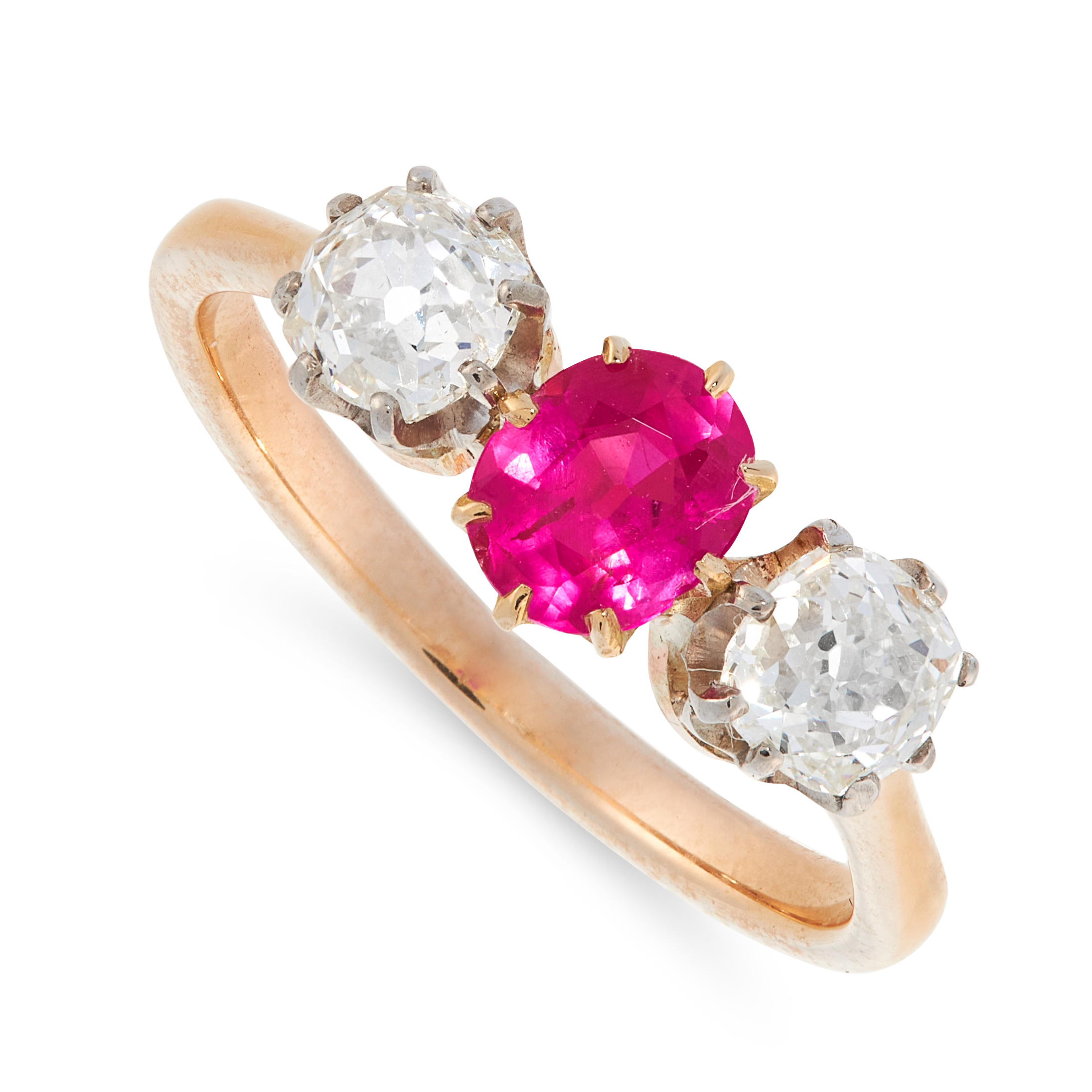 A BURMA NO HEAT RUBY AND DIAMOND DRESS RING in 18ct yellow gold, set with a cushion cut ruby of 0.76