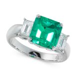 A COLOMBIAN EMERALD AND DIAMOND DRESS RING in platinum, set with an emerald cut emerald of 2.33