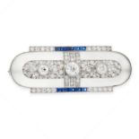 AN ART DECO DIAMOND, SAPPHIRE AND ROCK CRYSTAL BROOCH, EARLY 20TH CENTURY the elongated oval body