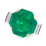 A COLOMBIAN EMERALD AND DIAMOND DRESS RING in platinum, set with an octagonal step cut emerald of