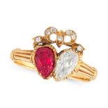 AN ANTIQUE RUBY AND DIAMOND SWEETHEART RING in high carat yellow gold, set with a pear cut ruby of