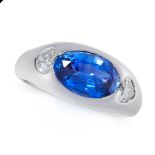 A SAPPHIRE AND DIAMOND DRESS RING in 18ct white gold, set with an oval cut blue sapphire of 3.34