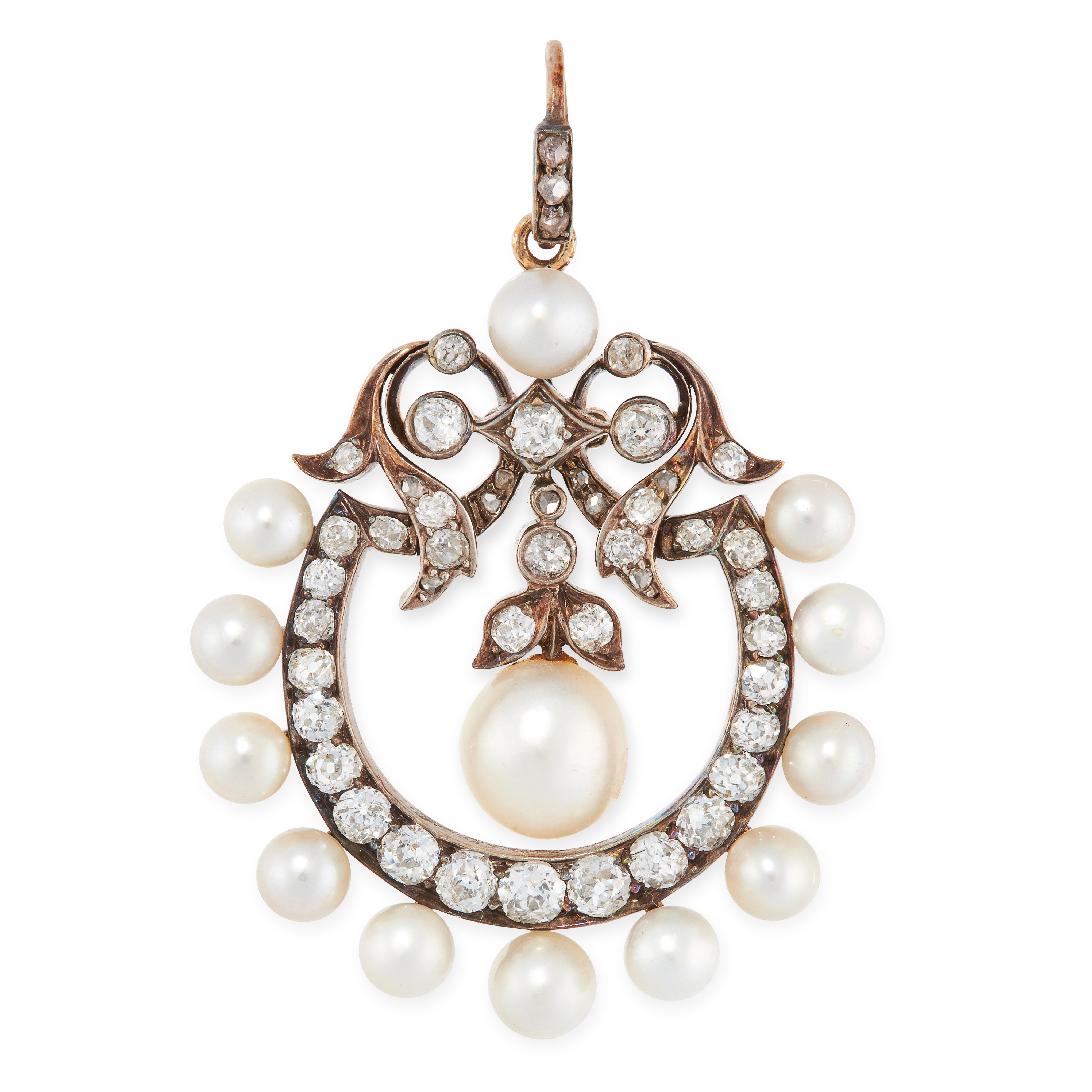 AN ANTIQUE NATURAL PEARL AND DIAMOND PENDANT, LATE 19TH CENTURY in yellow gold and silver, set
