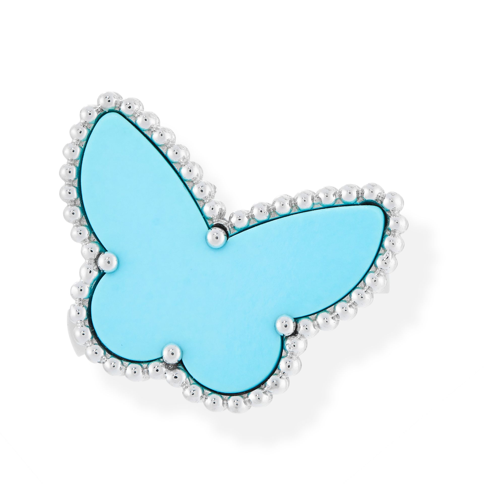 A LUCKY ALHAMBRA TURQUOISE BUTTERFLY RING, VAN CLEEF & ARPELS in 18ct white gold, the tapering