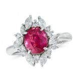 A BURMA NO HEAT RUBY AND DIAMOND DRESS RING in platinum, set with an oval cut ruby of 2.31 carats in