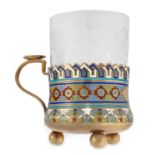 AN ANTIQUE IMPERIAL RUSSIAN ENAMEL TEA GLASS HOLDER, ANDREY BRAGIN in 84 zolotnik silver, the body