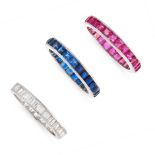 A TRIO OF SAPPHIRE, RUBY AND DIAMOND ETERNITY RINGS each one set with a single row of step cut