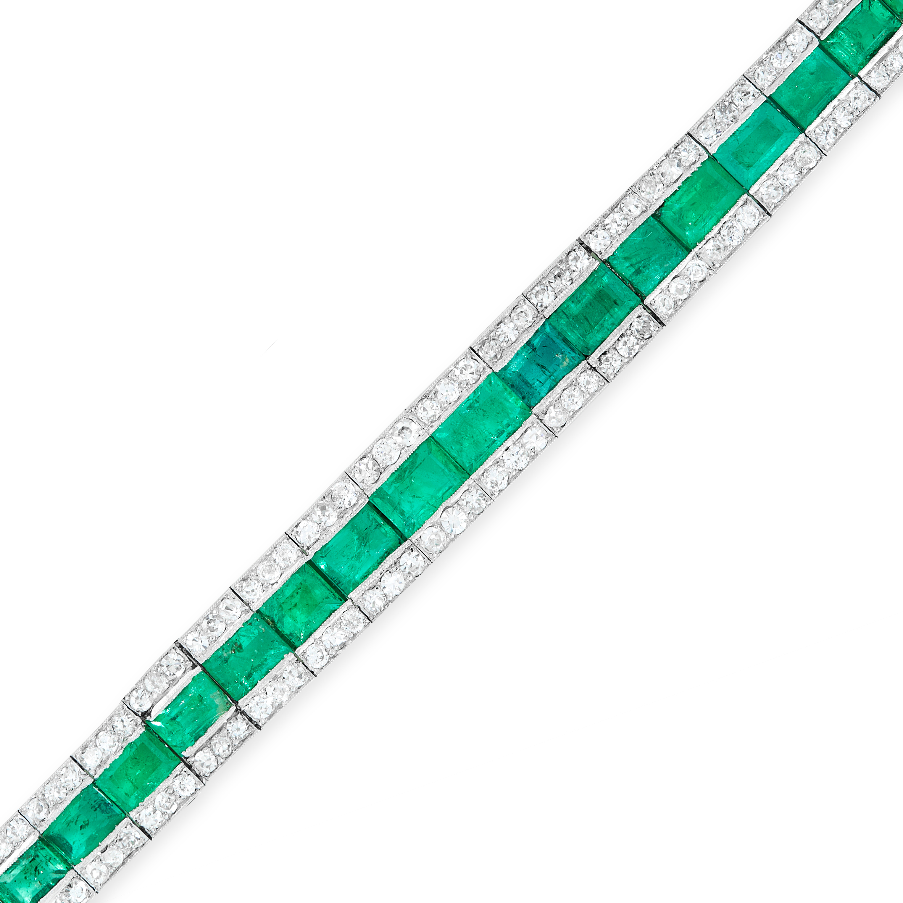 A FINE EMERALD AND DIAMOND BRACELET comprising a single row of thirty-six graduated step cut - Image 2 of 2