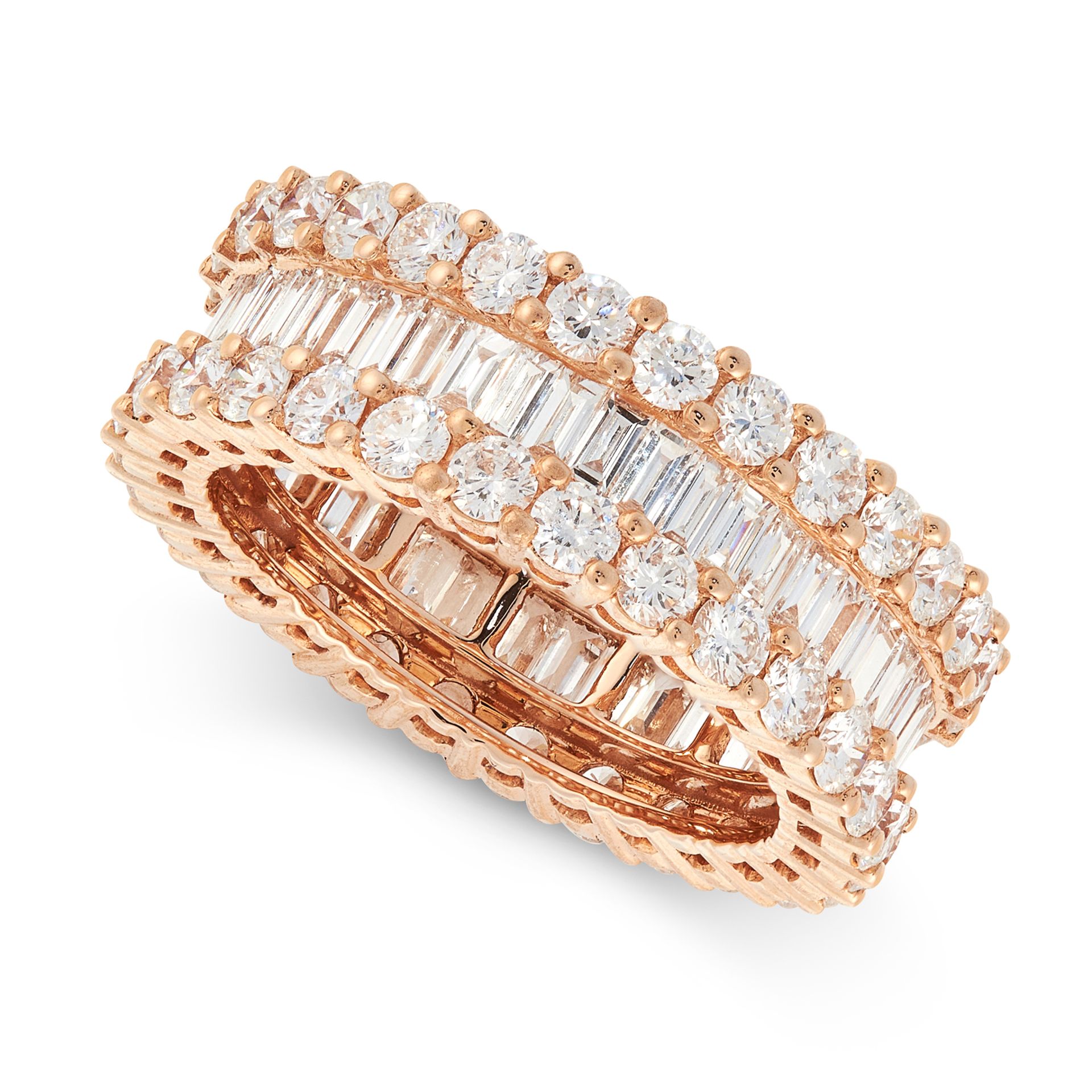 A DIAMOND ETERNITY BAND RING in 18ct gold, comprising a central row of baguette cut diamonds