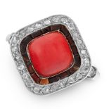 AN ART DECO CORAL, ONYX AND DIAMOND DRESS RING, EARLY 20TH CENTURY in platinum, set with a cushion