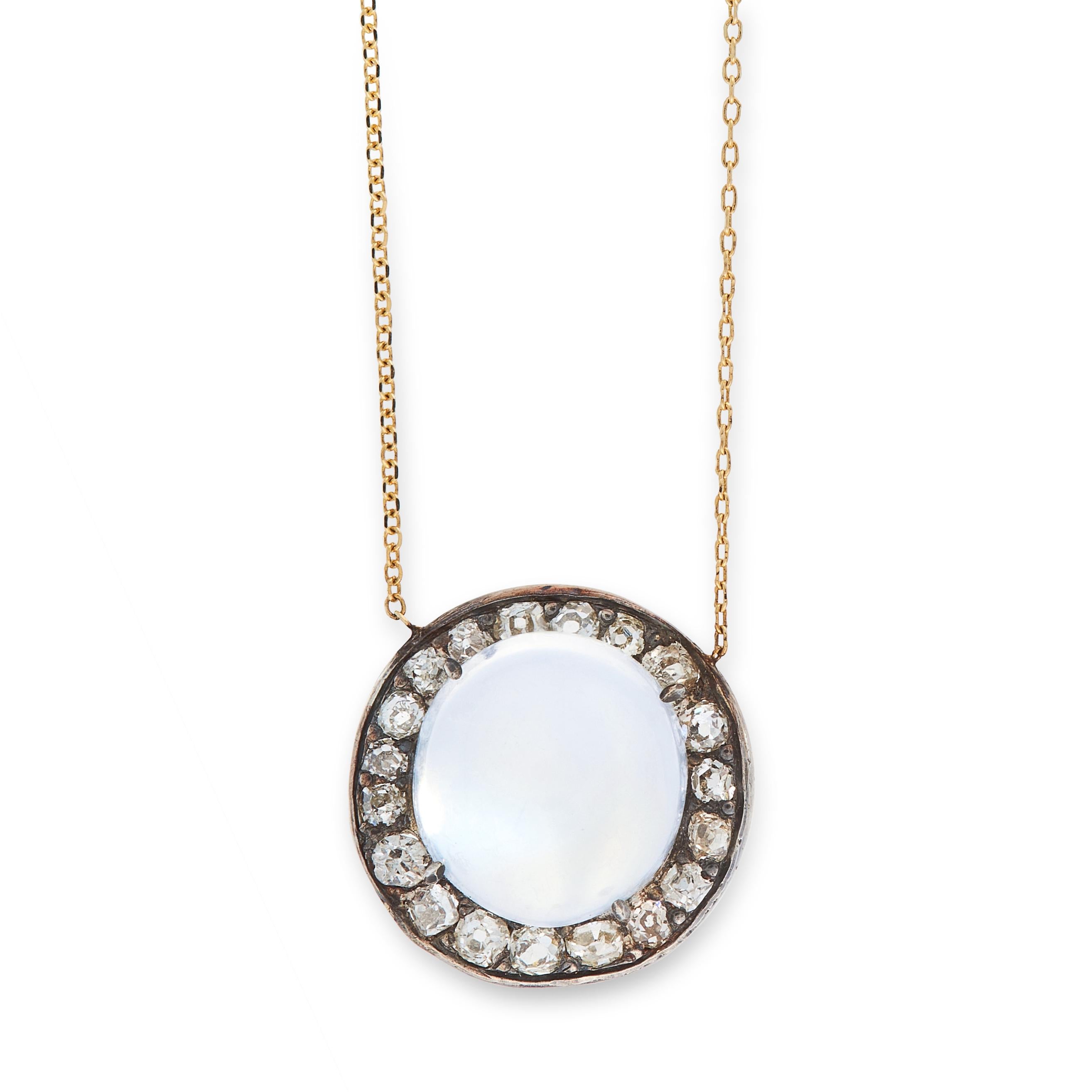 AN ANTIQUE MOONSTONE AND DIAMOND PENDANT NECKLACE in 18ct yellow gold and silver, set with a round