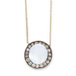 AN ANTIQUE MOONSTONE AND DIAMOND PENDANT NECKLACE in 18ct yellow gold and silver, set with a round
