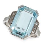 AN AQUAMARINE AND DIAMOND RING in white gold, set with an emerald cut aquamarine of 5.72 carats,