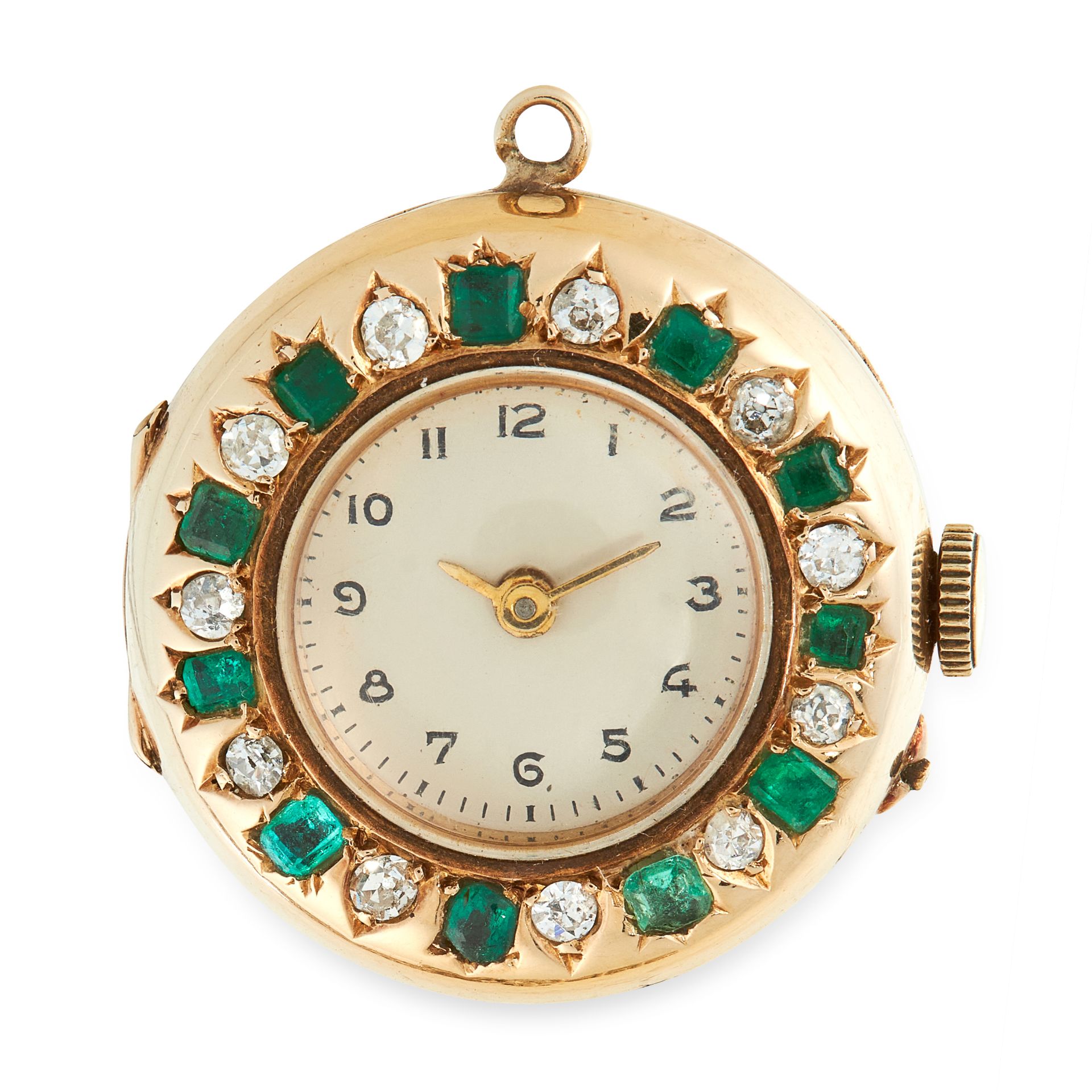 AN EMERALD AND DIAMOND POCKET / FOB WATCH in 18ct yellow gold, comprising of a white dial enclosed