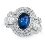 A SAPPHIRE AND DIAMOND DRESS RING in 18ct white gold, set with an oval cut sapphire of 1.41