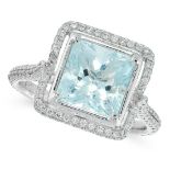 AN AQUAMARINE AND DIAMOND DRESS RING in 18ct white gold, set with a princess cut aquamarine of 2.