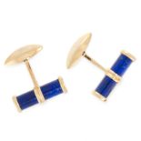 A PAIR OF VINTAGE LAPIS LAZULI CUFFLINKS, 1949 in yellow gold, each set with a polished baton of