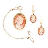 A CAMEO EARRING AND BROOCH SUITE in 18ct yellow gold, each set with carved cameo depicting the