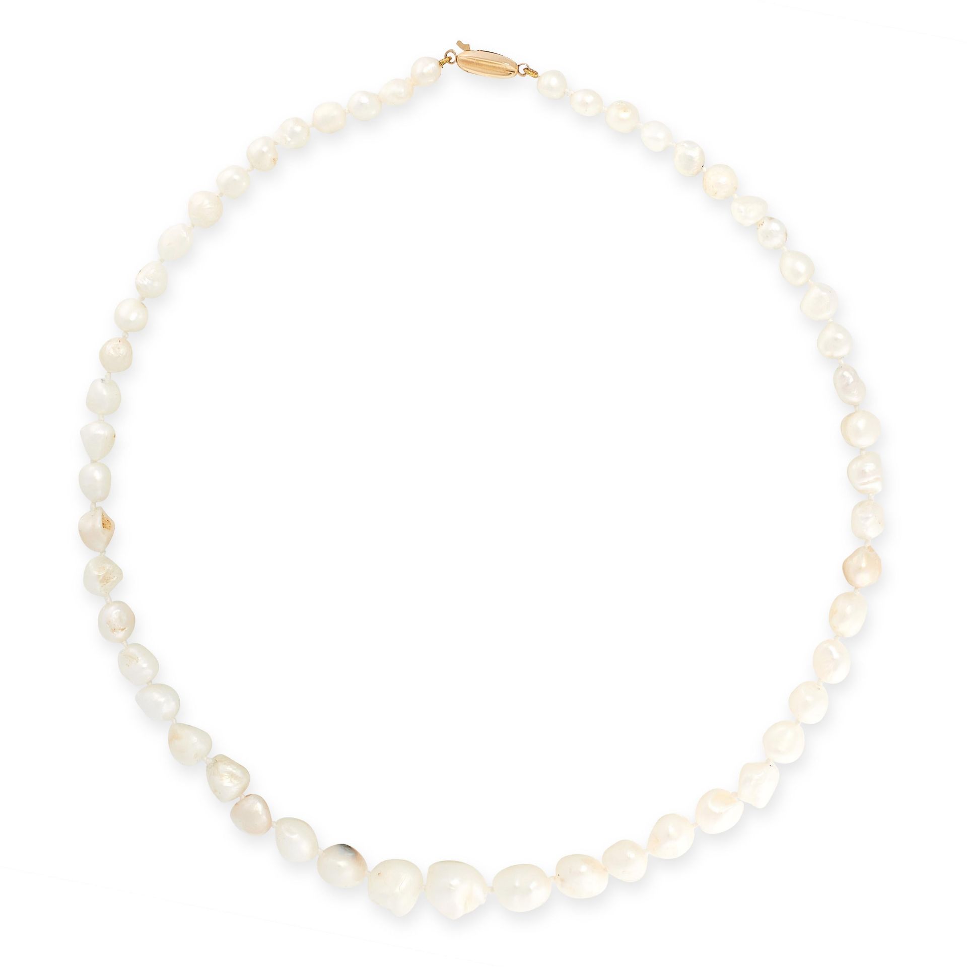 A BAROQUE PEARL NECKLACE in yellow gold, comprising a single row of fifty-three graduated pearls