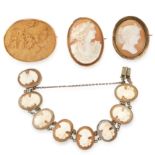 A MIXED LOT OF THREE CAMEO BROOCHES AND A BRACELET including two shell cameo brooches, a lava