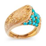 AN ANTIQUE TURQUOISE DRESS RING in 18ct yellow gold, the stylised body set with round cabochon